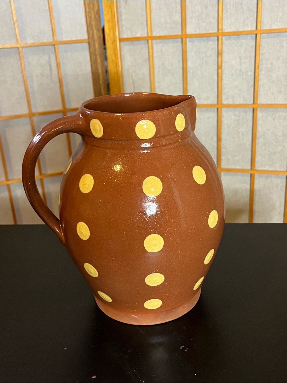 Vintage 2003 redware ceramic polka dot pitcher vase Wisconsin Pottery 8" - Picture 3 of 8